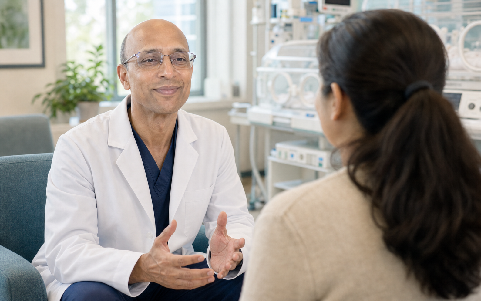 Editorial image of a neonatologist speaking with a mother in a NICU setting